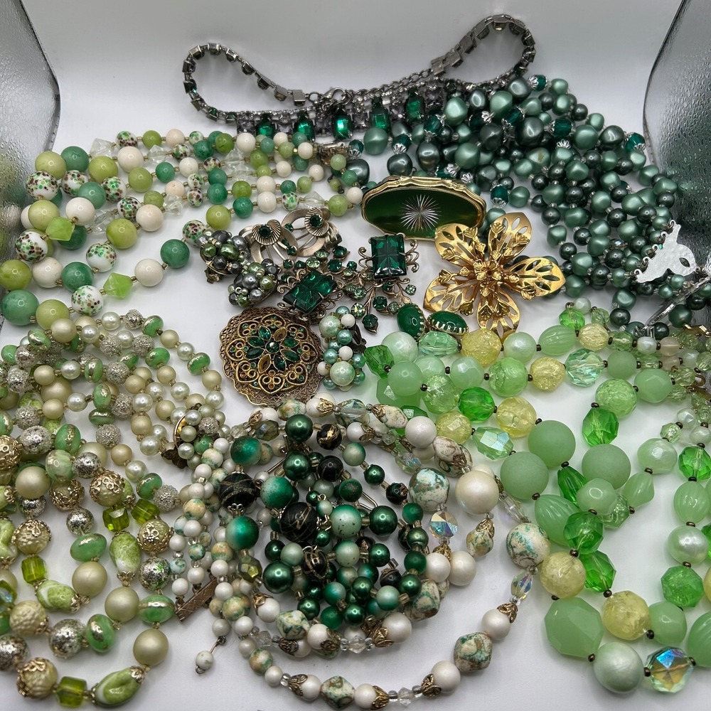 Vintage Green Jewelry Lot Estate Beaded Necklaces Costume Brooches Earrings Glam